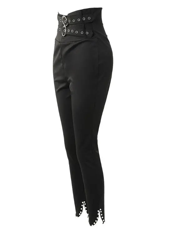 Slit Beaded Decor High Waist Eyelet Buckled Pants With Belt