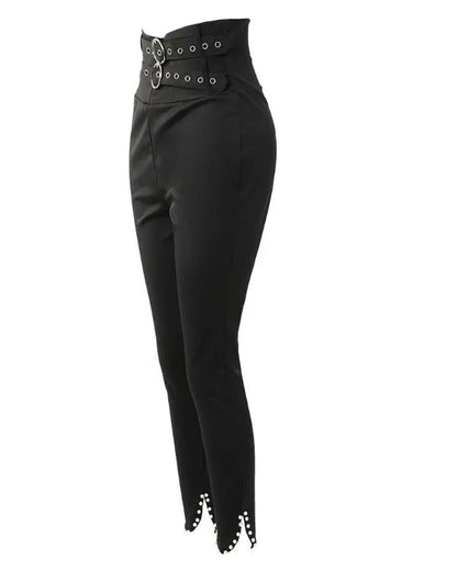 Slit Beaded Decor High Waist Eyelet Buckled Pants With Belt