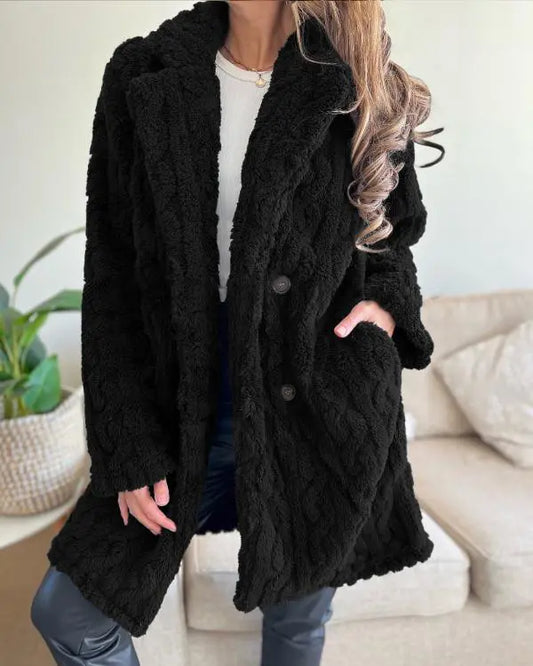 Cable Textured Lapel Neck Button Front Pocket Design Thermal Teddy Coat
