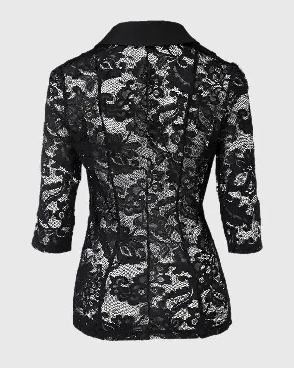 Lapel Neck Lace Patch Single Button Flap Detail Sheer Blazer Coat
