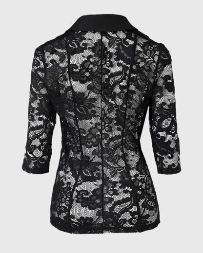 Lapel Neck Lace Patch Single Button Flap Detail Sheer Blazer Coat