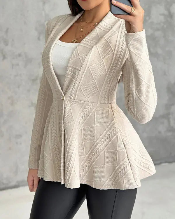 Shawl Collar Cable Textured Single Breasted Ruffle Hem Coat