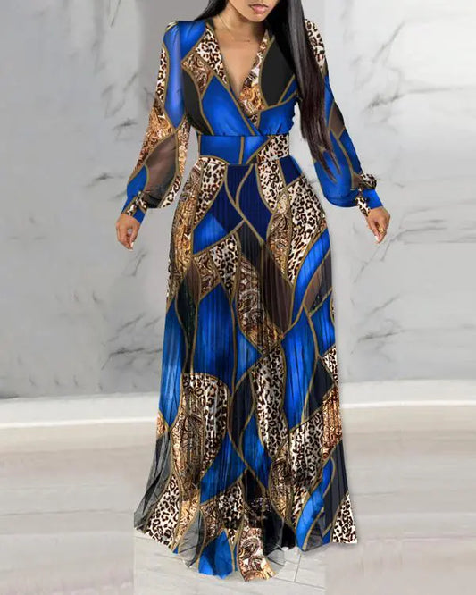 Leopard Print Lantern Sleeve Sheer V-Neck Sheer Mesh Maxi Dress Elegant Evening Dress