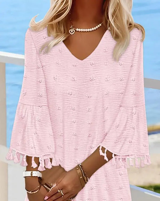 Polka Dot V-Neck Bell Sleeve Mini Dress Casual Loose Fit Dress