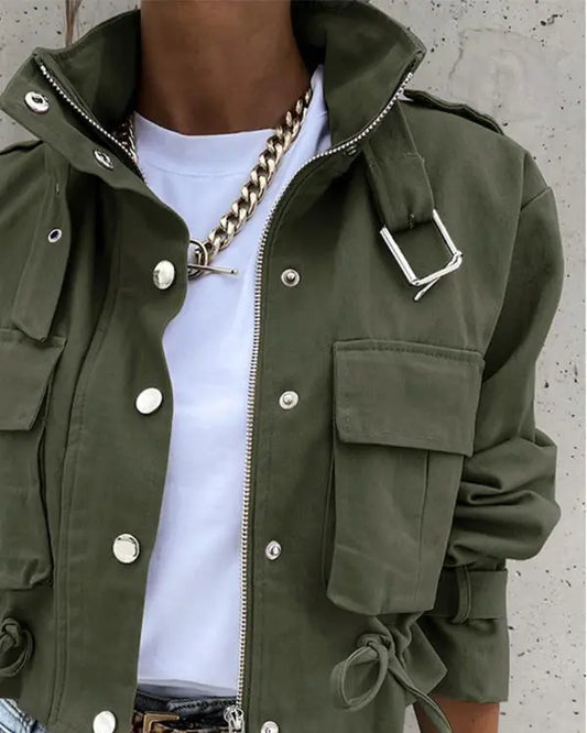 Pocket Button Design Long Sleeve Cargo Biker Jacket