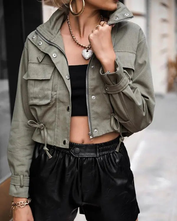 Pocket Button Design Long Sleeve Cargo Biker Jacket