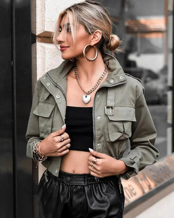 Pocket Button Design Long Sleeve Cargo Biker Jacket
