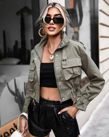 Pocket Button Design Long Sleeve Cargo Biker Jacket