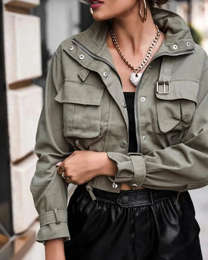 Pocket Button Design Long Sleeve Cargo Biker Jacket