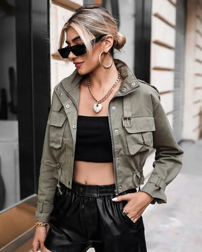 Pocket Button Design Long Sleeve Cargo Biker Jacket