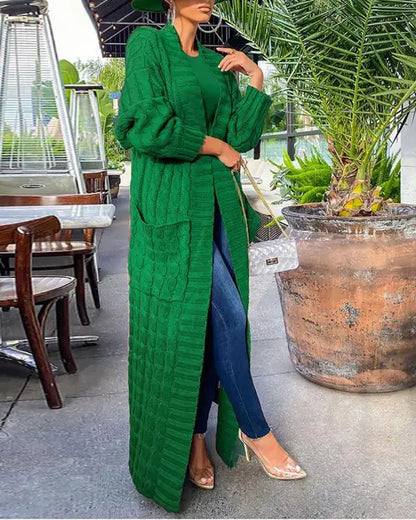 Long Sleeve Cable Knit Longline Cardigan Open Front Sweater with Pockets