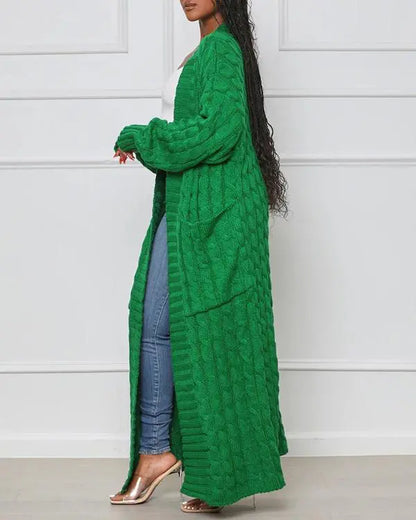 Long Sleeve Cable Knit Longline Cardigan Open Front Sweater with Pockets