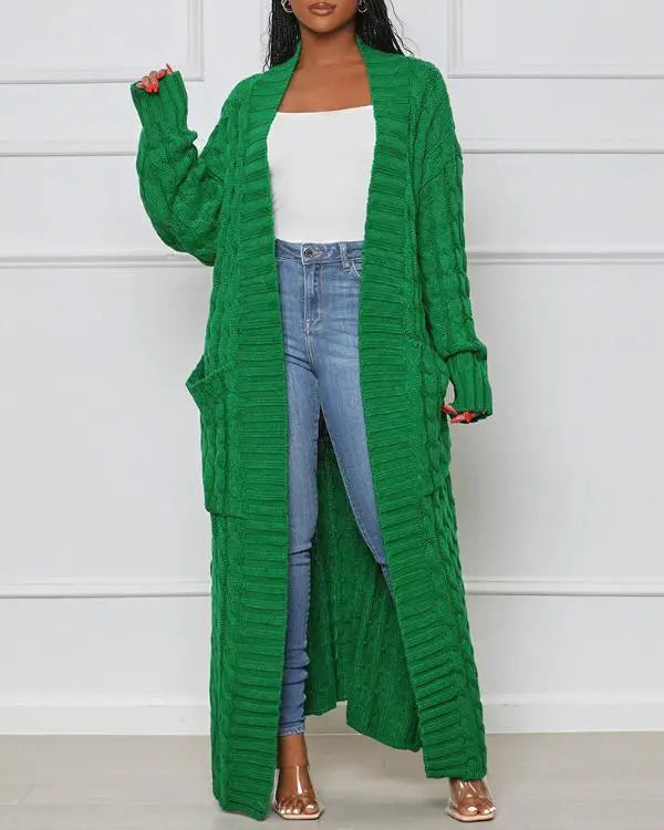 Long Sleeve Cable Knit Longline Cardigan Open Front Sweater with Pockets
