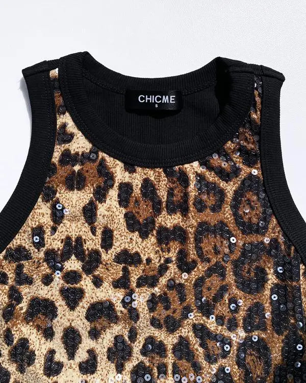 Glitter Lurex Allover Sequin O-Neck Sleeveless Slim Fit Tank Casual Tee