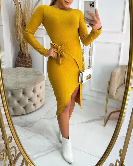 Round Neck Tied Detail Asymmetrical Hem Casual Dress