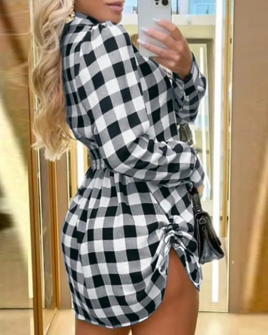 Plaid Print Buttoned Side Drawstring Shirt Dress