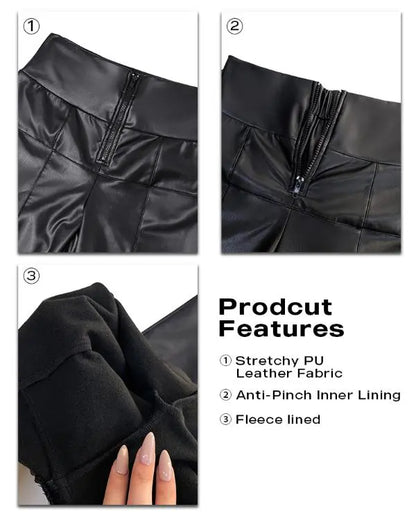 CurveEase High Waist Zipper Closure Front with Anti-Pinch Inner Lining Double-layer Tummy Control PU Leather Pants Fleece Lined Tights
