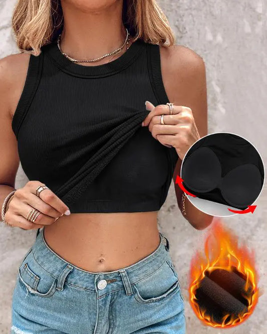 Built-in Bra 2 Piece Crewneck Tank Top Terry Towelling Lined Sleeveless Slim Fit Layering Shirt Tops