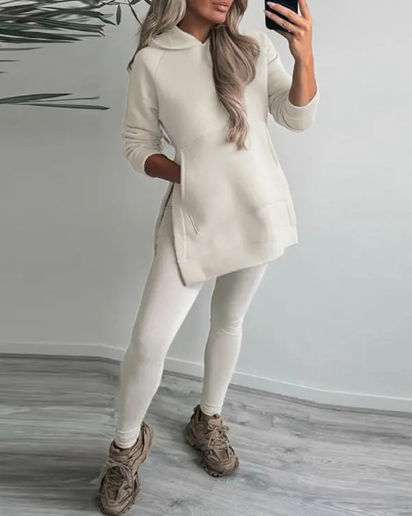 2 Piece Side Slit Kangaroo Pocket Design Pullover Hoodie Skinny Leggings Pants Tracksuit Set