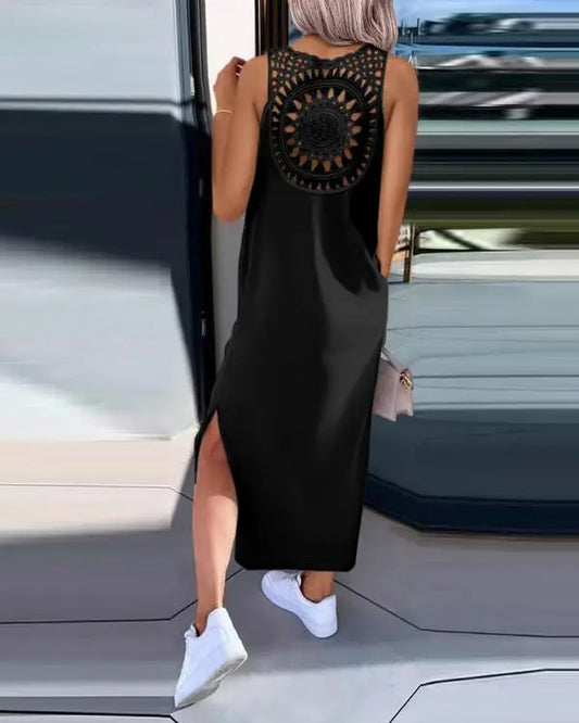 Sleeveless Hollow-out Lace Side Slit Summer Tank Dress