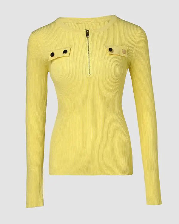Crewneck Half Zipper Design Long Sleeve Knit Sweater Casual Pullover Tops