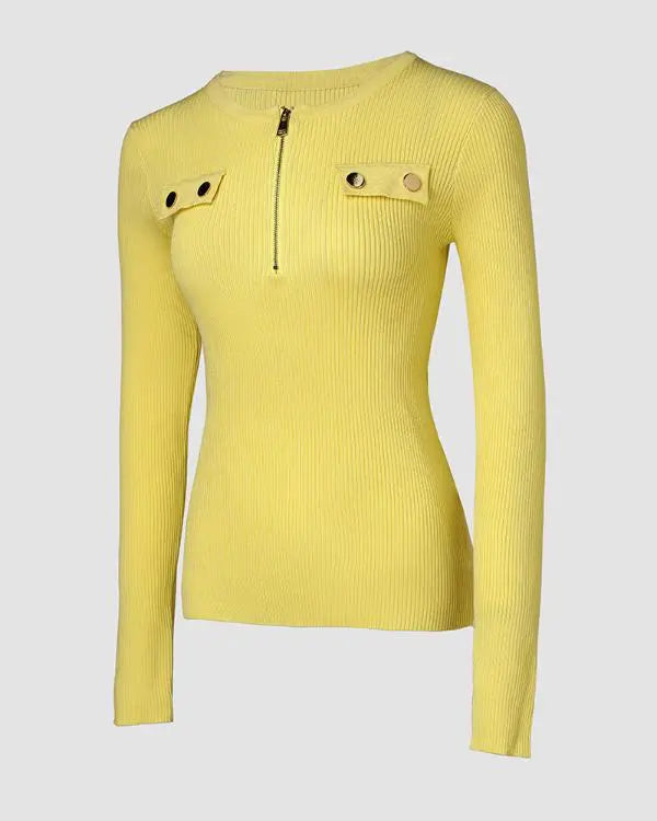 Crewneck Half Zipper Design Long Sleeve Knit Sweater Casual Pullover Tops