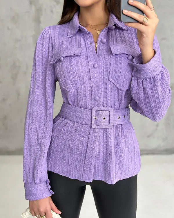 Textured Buttoned Flap Detail Puff Sleeve Top With Waistbelt
