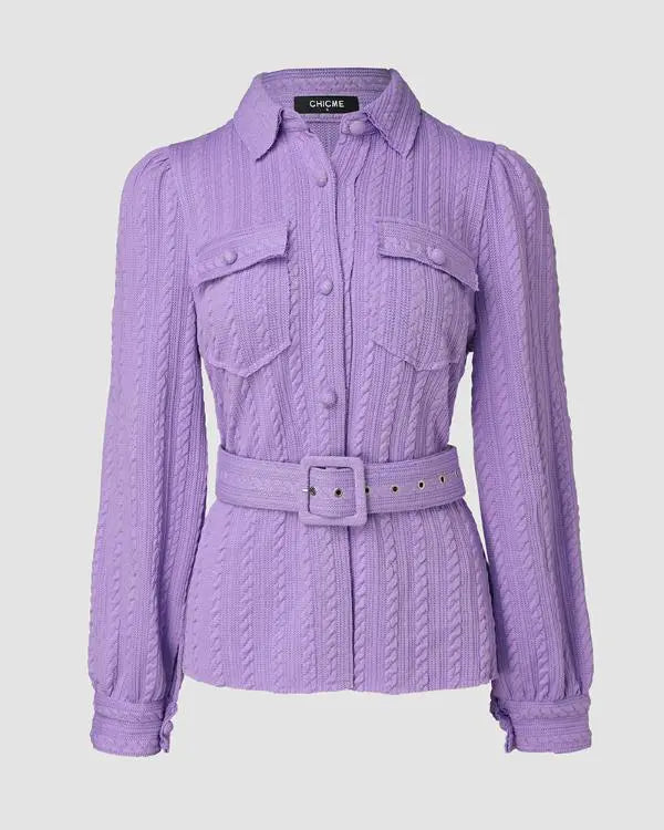 Textured Buttoned Flap Detail Puff Sleeve Top With Waistbelt