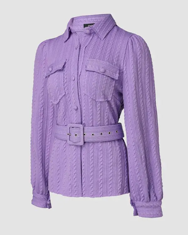 Textured Buttoned Flap Detail Puff Sleeve Top With Waistbelt