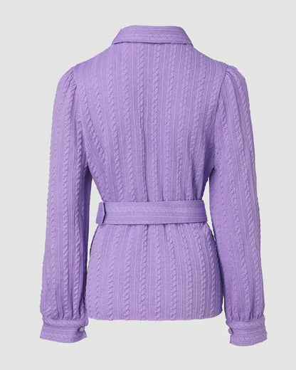 Textured Buttoned Flap Detail Puff Sleeve Top With Waistbelt