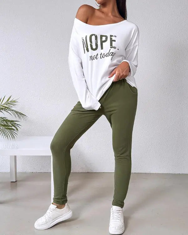 2 Piece Outfit Nope Not Today Print Skew Neck Long Sleeve Pullover Top with Stretchy Waist Long Pants Tracksuit Jogger Set