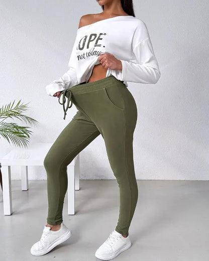 2 Piece Outfit Nope Not Today Print Skew Neck Long Sleeve Pullover Top with Stretchy Waist Long Pants Tracksuit Jogger Set