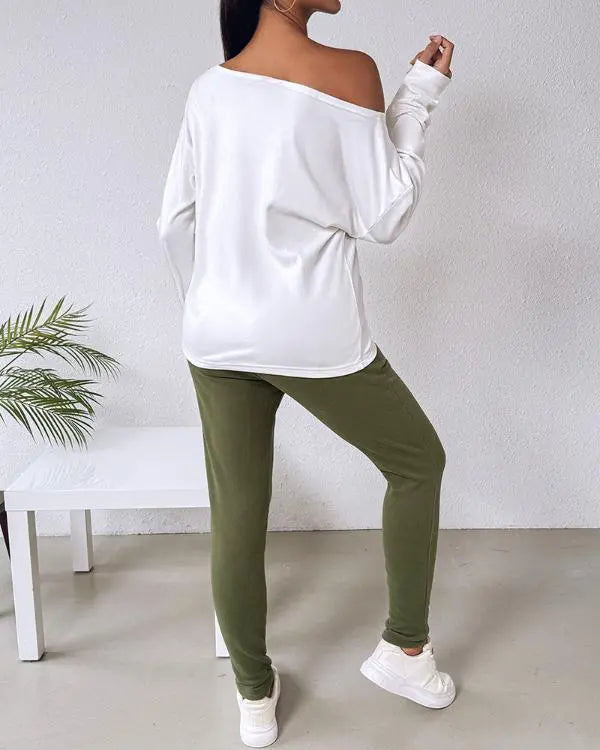 2 Piece Outfit Nope Not Today Print Skew Neck Long Sleeve Pullover Top with Stretchy Waist Long Pants Tracksuit Jogger Set