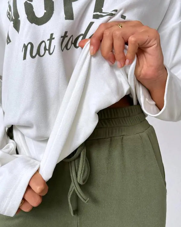 2 Piece Outfit Nope Not Today Print Skew Neck Long Sleeve Pullover Top with Stretchy Waist Long Pants Tracksuit Jogger Set