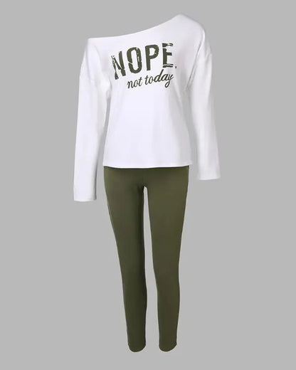 2 Piece Outfit Nope Not Today Print Skew Neck Long Sleeve Pullover Top with Stretchy Waist Long Pants Tracksuit Jogger Set