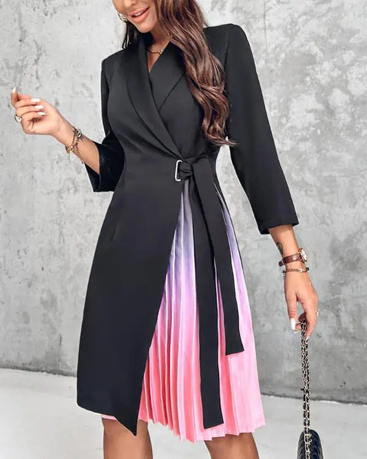 Ombre Long Sleeve Work Dress Wrap V Neck Pleated A Line Tie Waist Mini Blazer Dress