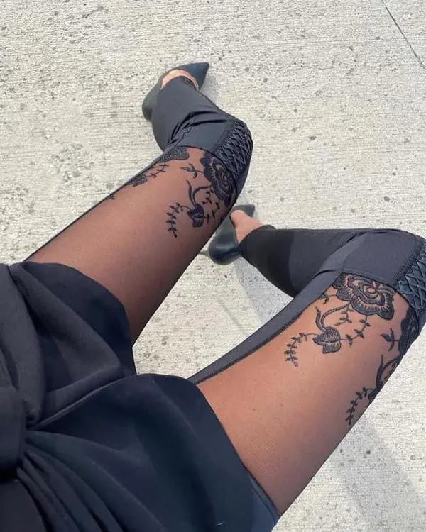 Sheer Mesh Lace Embroidery Patch Skinny Pants