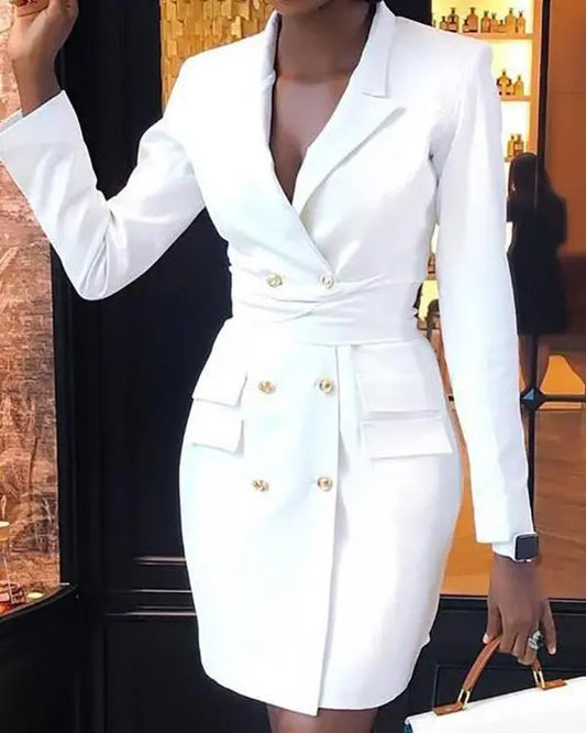 Notched Collar Double Breasted Long Sleeve Mini Dress Work Blazer Dress