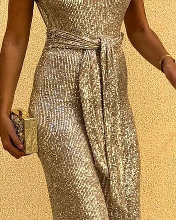 Glitter Round Neck Sleeveless Backless Sequins Jumpsuit