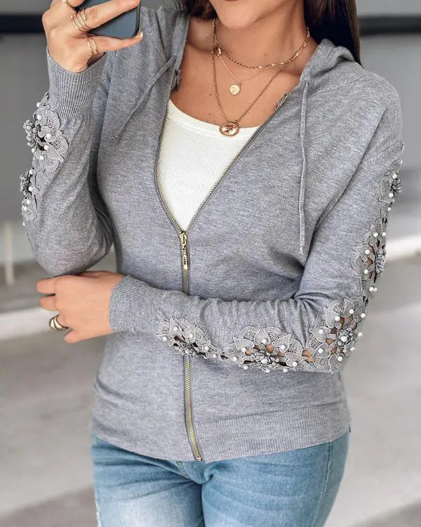 Beaded Decor Lace Patchwork Long Sleeve Zip-up Cardigan Hooded Knit Sweater Coat