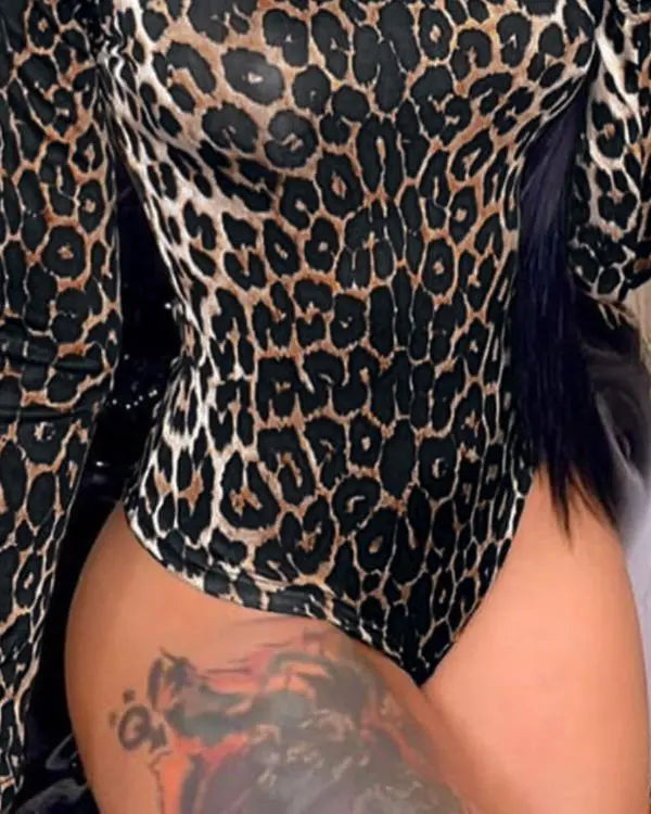 Leopard Print High Neck long Sleeve Slim Fit Bodysuit Sexy Hollow Out Overall