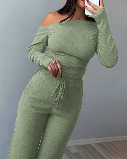 2 Piece Skew Neck Long Sleeve Pullover Ribbed Top