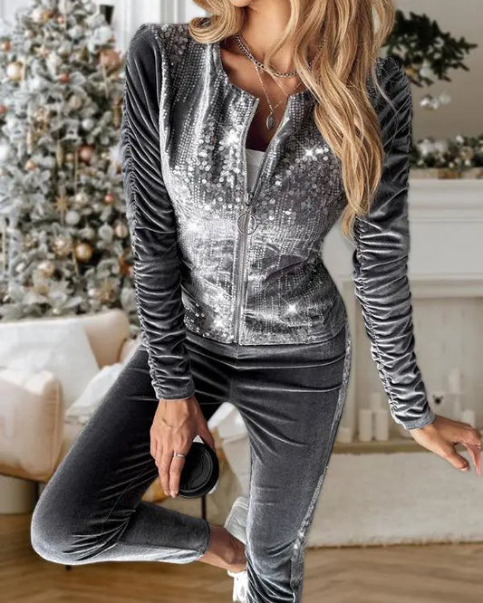 2 Piece Velvet Tracksuit Outfits Contrast Sequin Ruched Long Sleeve Zip Up Coat Pants Sets