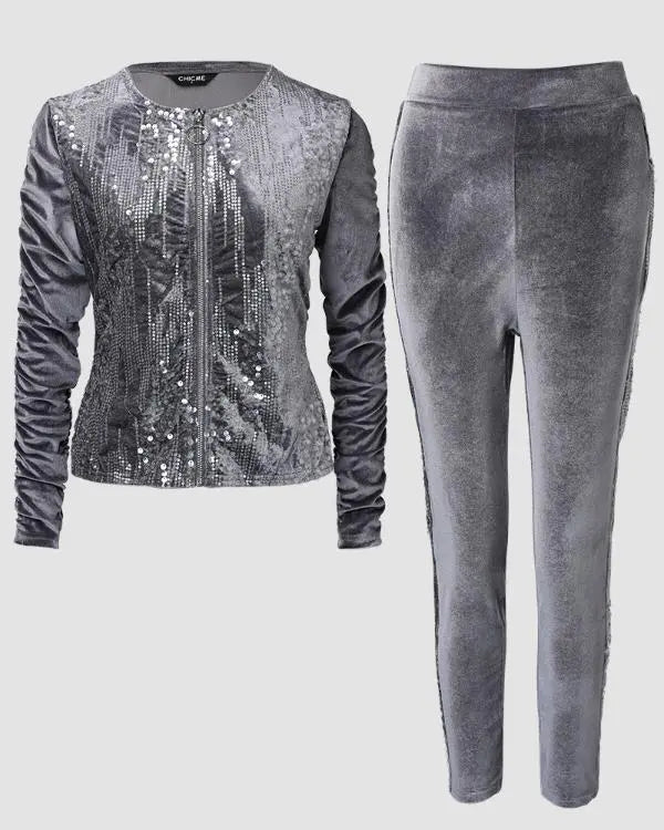 2 Piece Velvet Tracksuit Outfits Contrast Sequin Ruched Long Sleeve Zip Up Coat Pants Sets