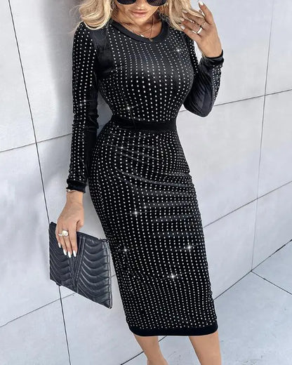 Holographic Metallic Silver Long Sleeve Dress Crewneck Neck Bodycon Dresses Evening Gown Club Night Outfit