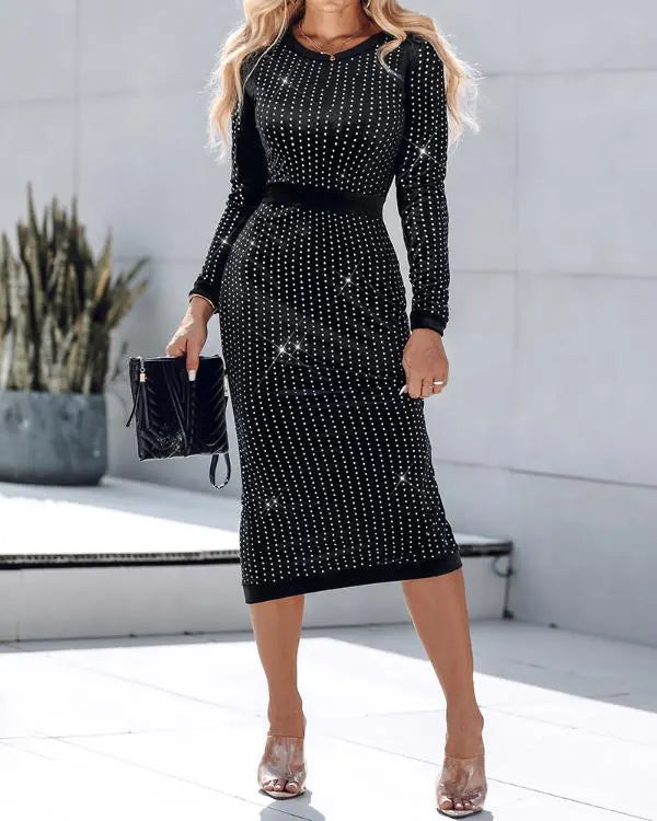 Holographic Metallic Silver Long Sleeve Dress Crewneck Neck Bodycon Dresses Evening Gown Club Night Outfit