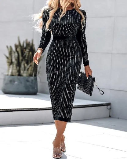 Holographic Metallic Silver Long Sleeve Dress Crewneck Neck Bodycon Dresses Evening Gown Club Night Outfit