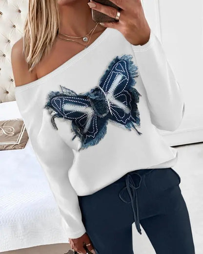 2 Piece Denim Butterfly Patch Crewneck Long Sleeve Top Drawstring Waist Pants Tracksuit