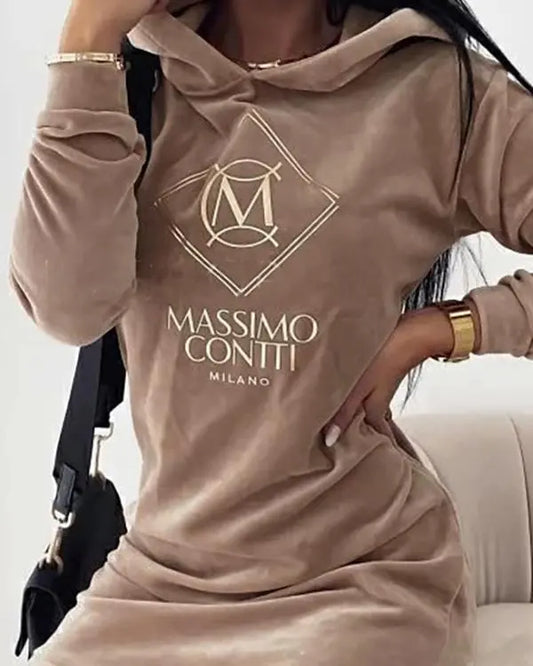 Letter Embroidery Velvet Hooded Sweatshirt Dress