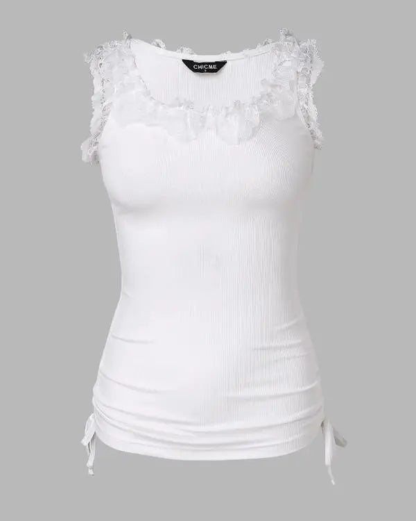 Lace Trim Side Drawstring Ribbed Tank Top Casual Slim Fit Sleeveless Top
